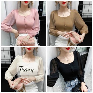 Áo thun cổ vuông giả nút phối tay voan phồng tiểu thư