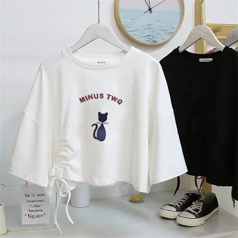 Áo Thun Tay Ngắn Dáng Rộng Lưng Cao Phối Dây Rút Kiểu Hàn Quốc Thời Trang Dành Cho Nữ | BigBuy360 - bigbuy360.vn