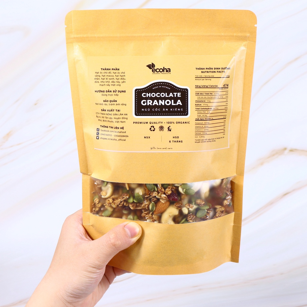 Granola siêu hạt vị Chocolate thêm macca, óc chó, ngũ cốc giảm cân không đường ECOHA