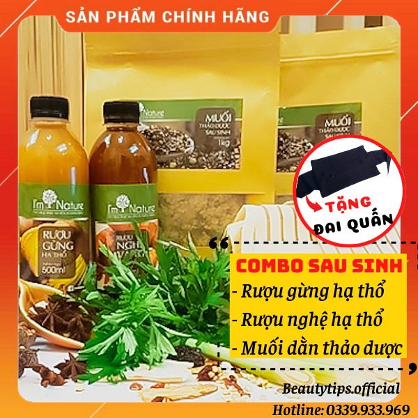 Combo Sau Sinh: Muối Thảo mộc + Rượu Gừng & Nghệ Hạ Thổ 3 Năm + Tặng Đai Quấn Cho Mẹ Sau Sinh I'm Nature