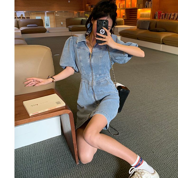 Đầm Denim Tay Phồng Ôm Eo Thời Trang Mùa Hè 2023 Phong Cách Pháp Mới Cho Nữ