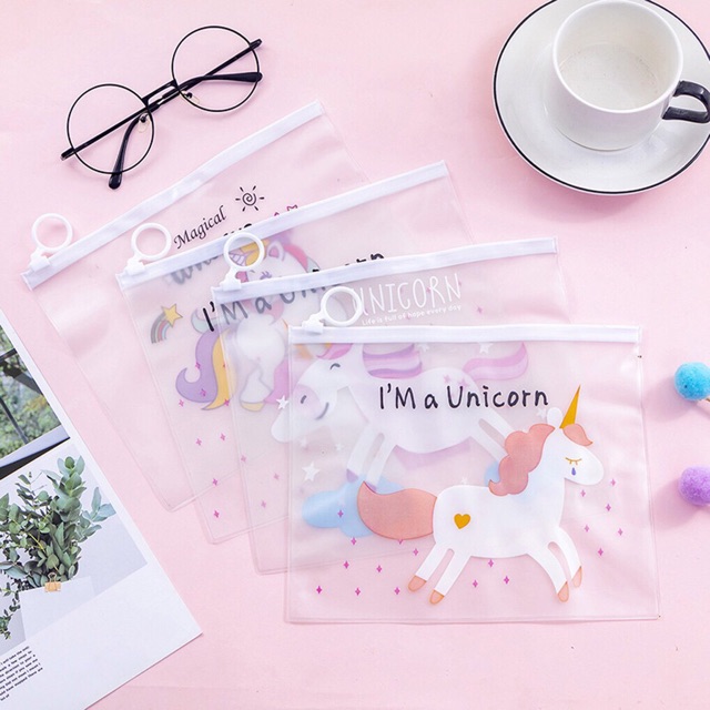 Túi zip ví chống thấm hình ngựa pony Unicorn đựng bút, mỹ phẩm size A5