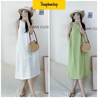 Đầm suông xốp midi sát nách hai màu