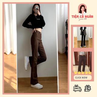 Quần Bò Ống Loe Cạp Cao Jeans Hai Màu Nâu, Đen (có ảnh thật)
