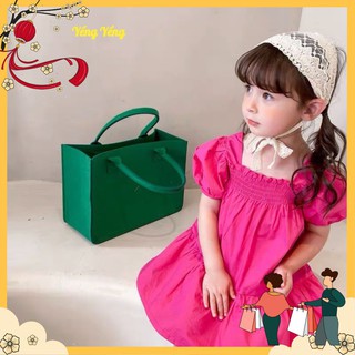 Vbe79 - váy bé gái hống sen cổ vuông chun ngực
