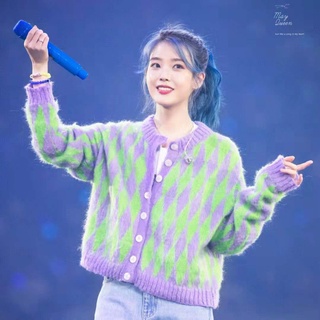 Cardigan IU hình thoi trám màu tim xanh lục lông thỏ