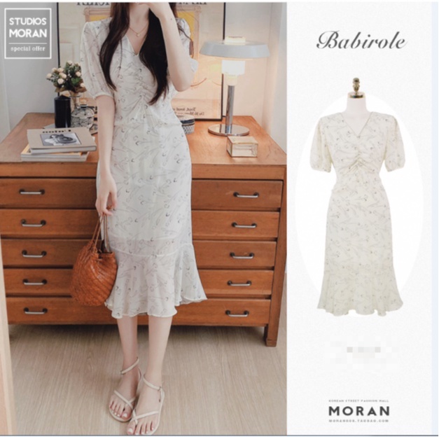 (ORDER - Sẵn M L) Váy voan hoa nhí MORAN cổ V nhún ngực thon eo gọn dáng xòe nhún bèo đuôi cá điệu đà kiểu Pháp