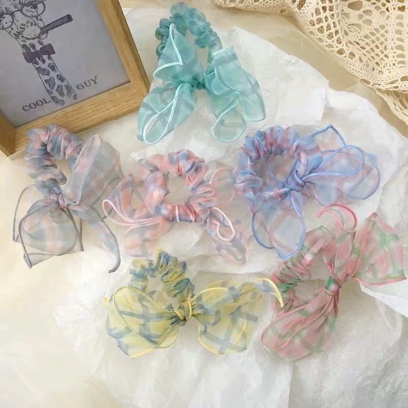 Dây Buộc Tóc Vải Voan Mềm Co Giãn Phối Dây Ruy Băng Thắt Nơ Ngọt Ngào
