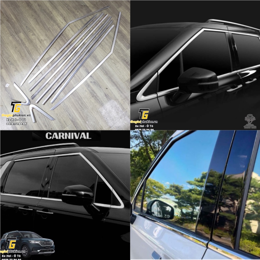 Bộ Nẹp viền cong kính, Chân kính INOX dành cho xe Kia Carnival