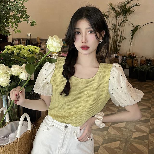 Áo Kiểu Tay Phồng Ngắn Phối Họa Tiết Chấm Bi Thanh Lịch Cho Nữ  tao bao