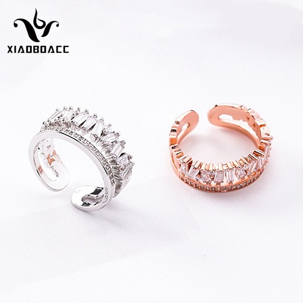 XiaoboACC Nhẫn Hai Lớp Đính Đá Zircon Phong Cách Hàn Quốc