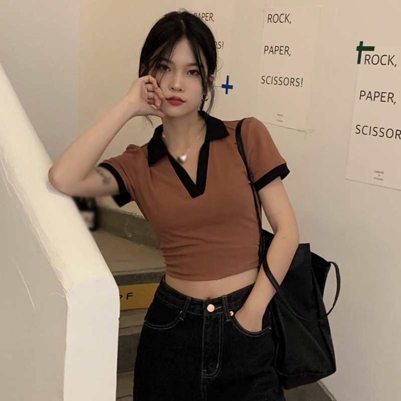 Áo Thun Polo Tay Ngắn Cổ Chữ V Màu Sắc Tương Phản Dành Cho Nữ Size S-XL