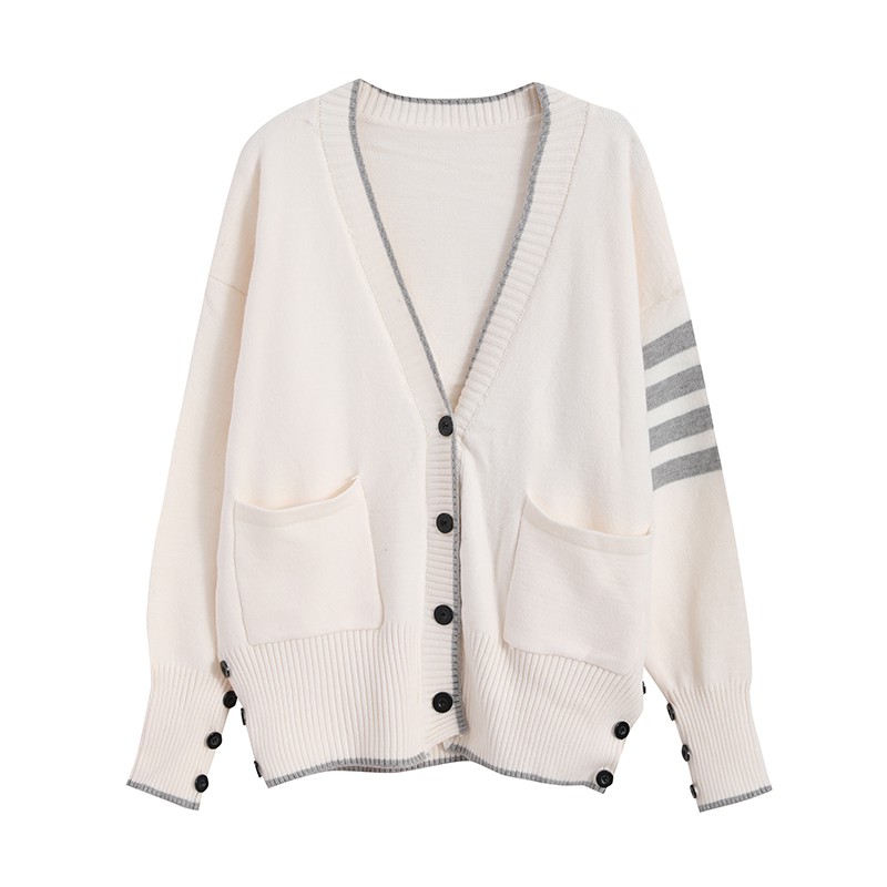 Áo khoác len dệt kim cardigan cài khuy phối viền sọc tay style Hàn Quốc cá tính