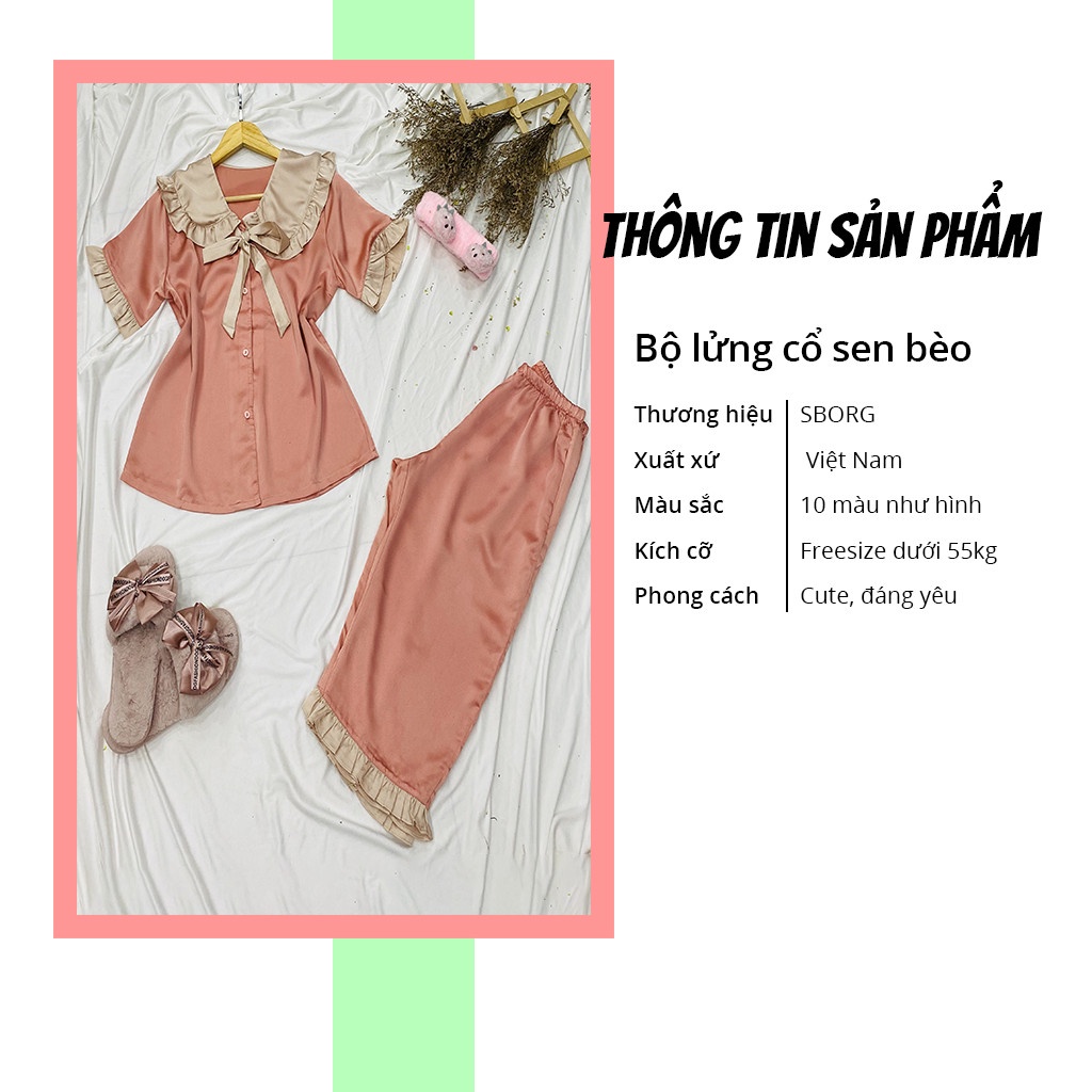 Bộ lửng mặc nhà SBORG đồ ngủ lụa satin cao cấp áo cổ bèo nơ dễ thương cute quần lửng freesize dưới 55kg quà tặng vợ