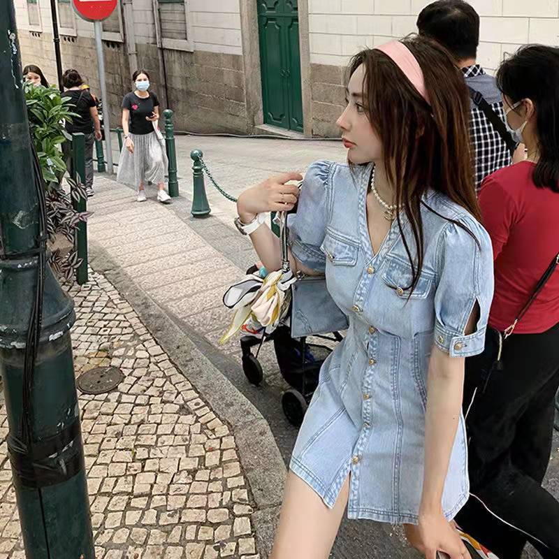 Đầm Denim Dáng Chữ a Ôm Eo Thời Trang Mùa Hè Phong Cách Mới