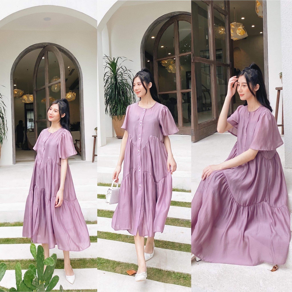 Đầm tơ nhũ cao cấp, váy tơ dáng tầng phong cách Hàn quốc, màu tím hottrend