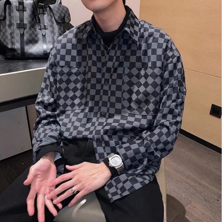 Áo sơ mi tay dài dáng rộng sọc ca rô thời trang hàn quốc cá tính cho nam áo sơ mi kẻ sọc đơn giản đa năng của nam giới có cổ lật cổ áo cặp đôi đơn giản cổ điển