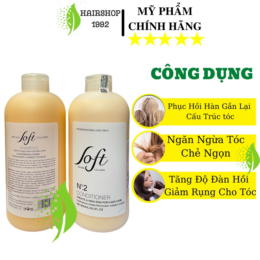 Dầu gội xả SOFT Nature Collagen Ngừa Gầu Nấm, Xù, Gãy Ngọn, Tái Tạo Cấu Trúc Tóc 800mlx2