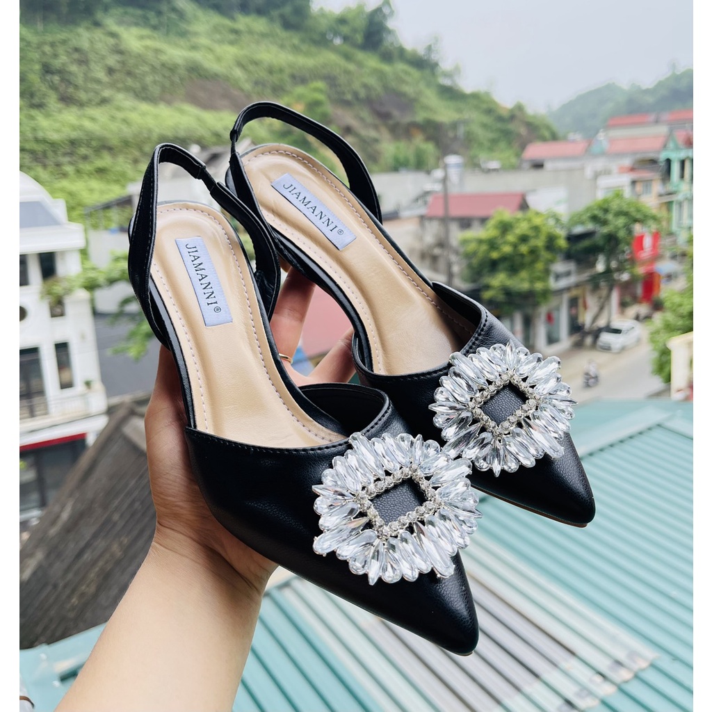 Sandal da mịn bít mũi nhọn nơ đá tròn trắng gót nhọn - 5P