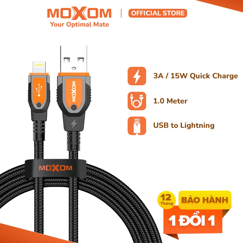 Dây cáp sạc nhanh iPhone MOXOM CB87 OrangePlus 3A 15W hỗ trợ sạc nhanh cho iPhone, iPad, dài 1m