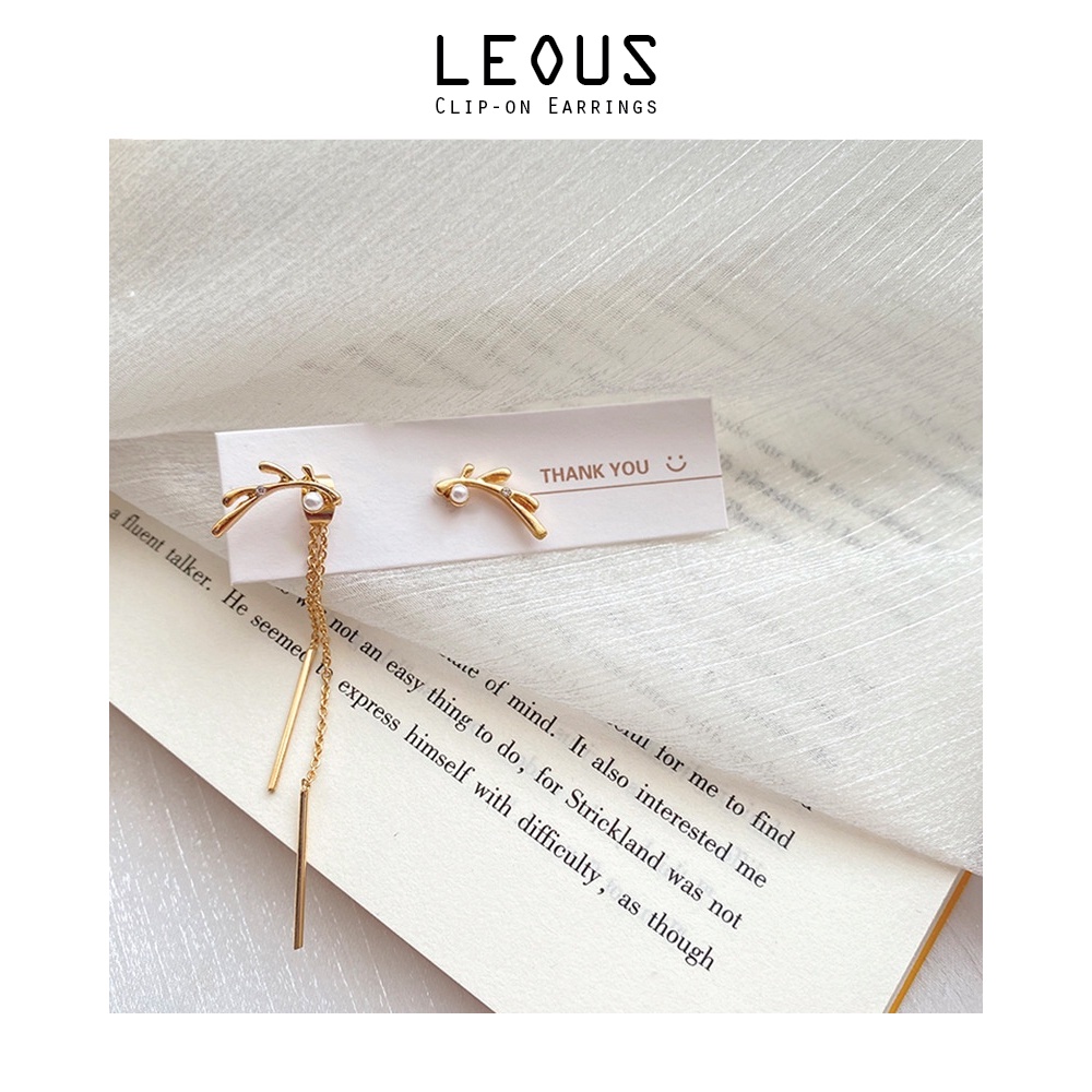 Khuyên tai kẹp không bấm lỗ chốt cố định K110 bằng hợp kim mạ vàng bất đối xứng hính khối đính đá dáng dài Leous