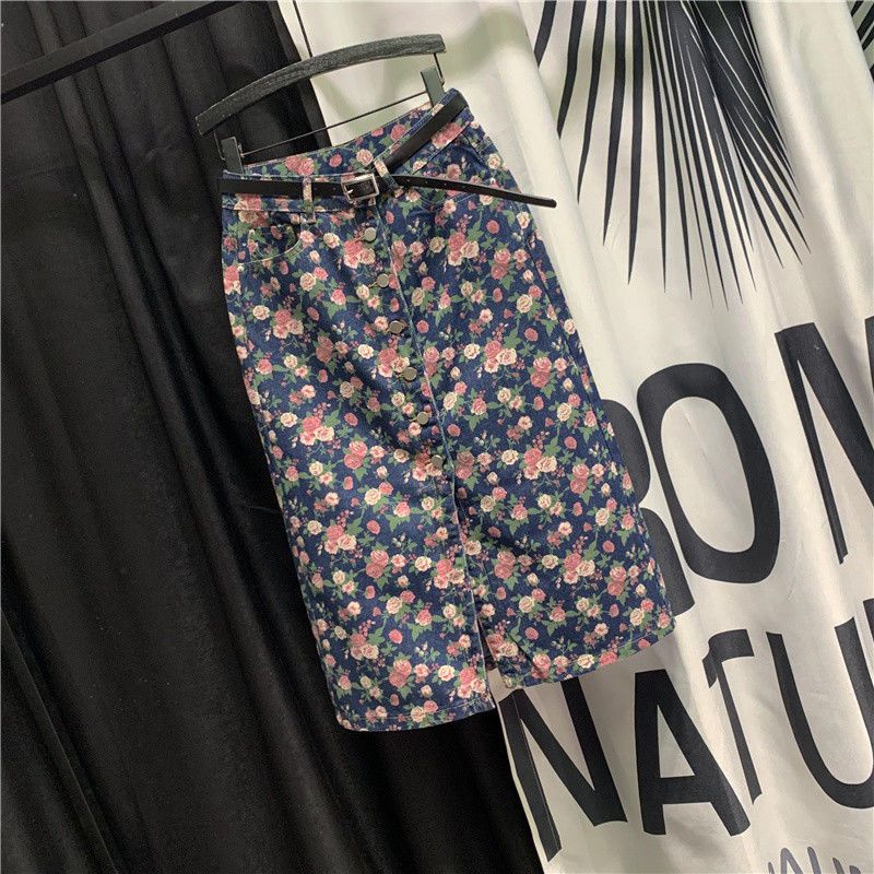 Chân Váy Denim Lưng Cao Dáng Ôm Xẻ Tà In Họa Tiết Hoa Xinh Xắn Thời Trang Cho Nữ