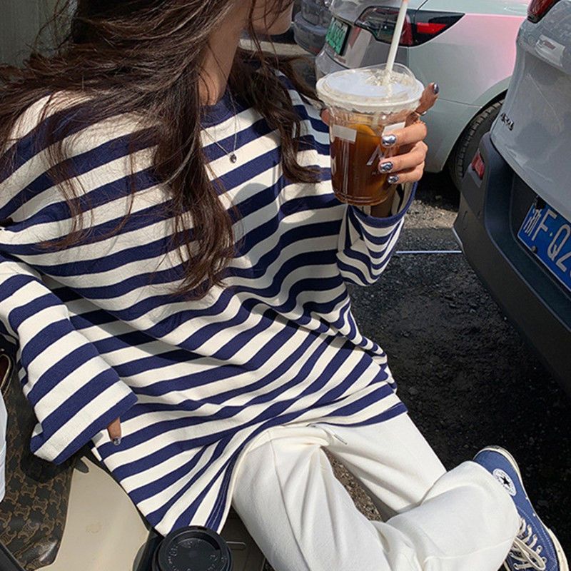 Jiashucheng Áo Thun Nữ Dài Tay Hở Vai Họa Tiết Sọc Ngang Phong Cách Mới