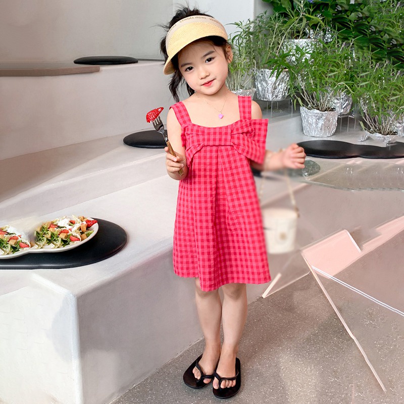 Đầm Hai Dây Họa Tiết Caro Đính Nơ Phong Cách Hàn Quốc Thời Trang Mùa Hè Cho Bé Gái