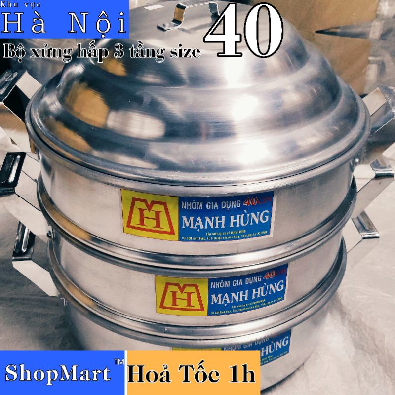 Bộ xửng hấp nhôm Mạnh Hùng 3 tầng size 40 cm, bộ xửng hấp bánh 3 tầng, xửng hấp bánh bao, rau, hải sản