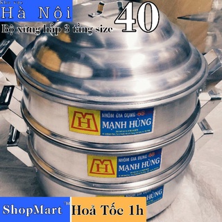 Bộ xửng hấp nhôm Mạnh Hùng 3 tầng size 40 cm, bộ xửng hấp bánh 3 tầng, xửng hấp bánh bao, rau, hải sản