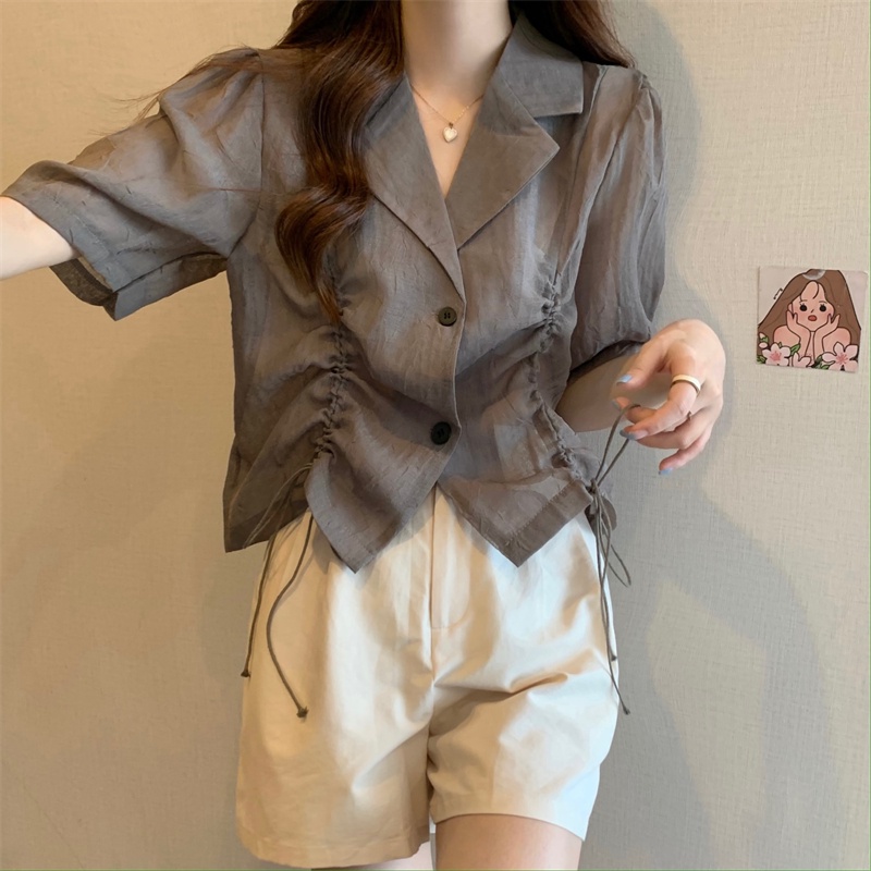 Áo sơ mi IELGY tay lửng cổ polo phối dây rút thời trang tùy chọn màu sắc dành cho nữ