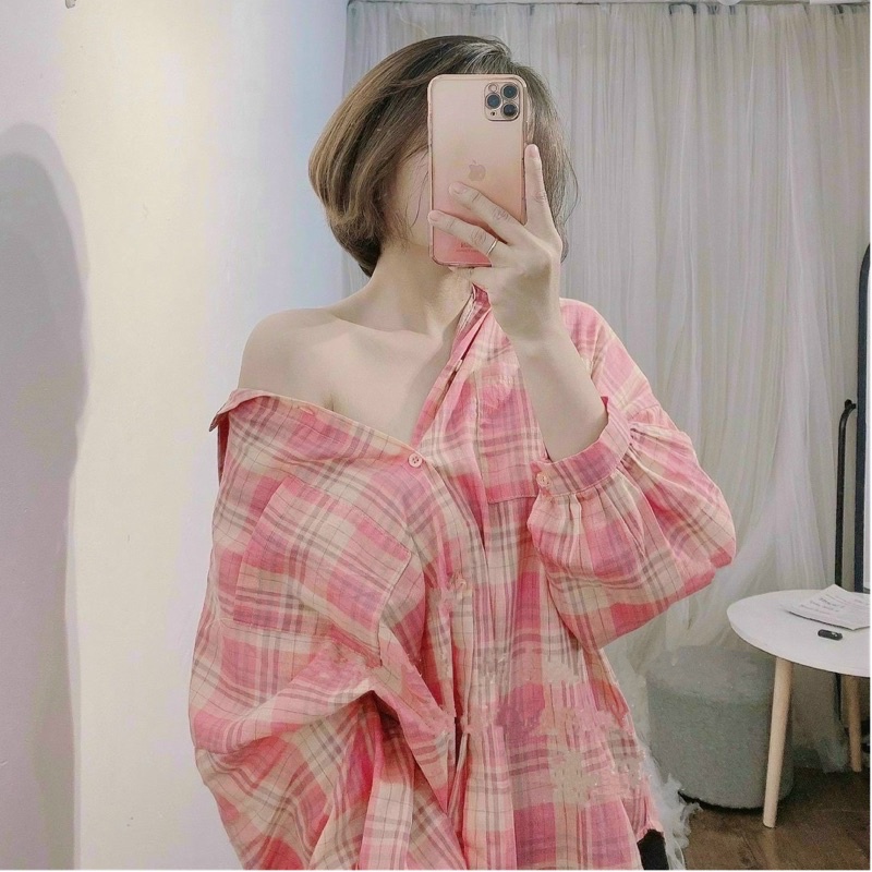 Áo sơmi đũi kẻ hồng tay phồng from rộng thoải mát dễ phối đồ alohashop91