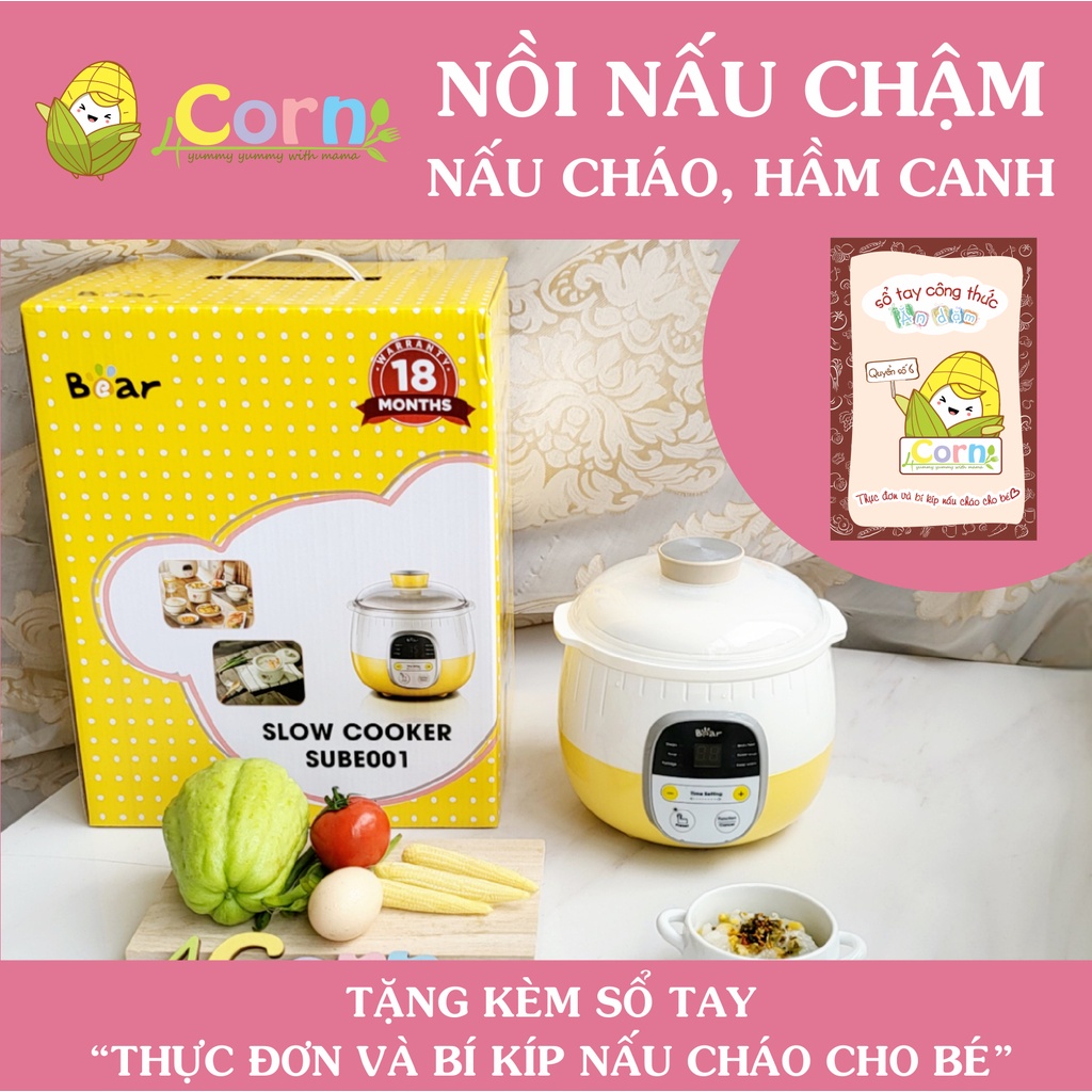 Nồi nấu cháo chậm Bear - Tặng sổ tay "Thực đơn và bí kíp nấu cháo cho bé"  - size 0.8L và 1.6L