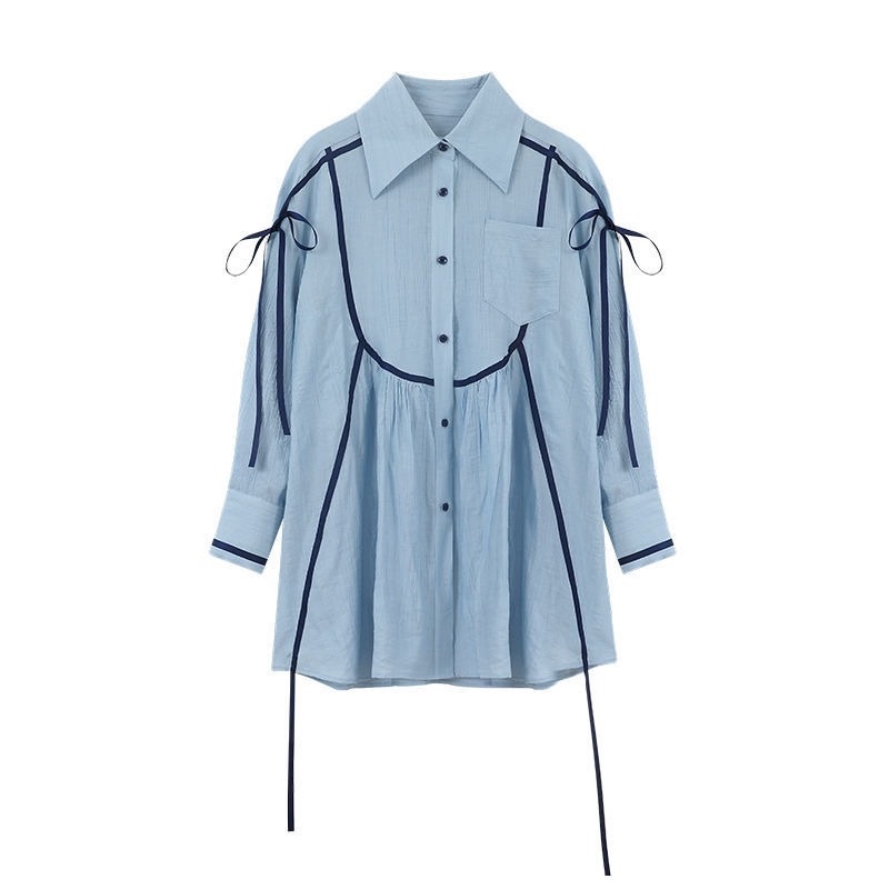 Đầm Sơ Mi Phối Dây Ruy Băng Màu Sắc Tương Phản Thời Trang Mùa Thu Cho Nữ