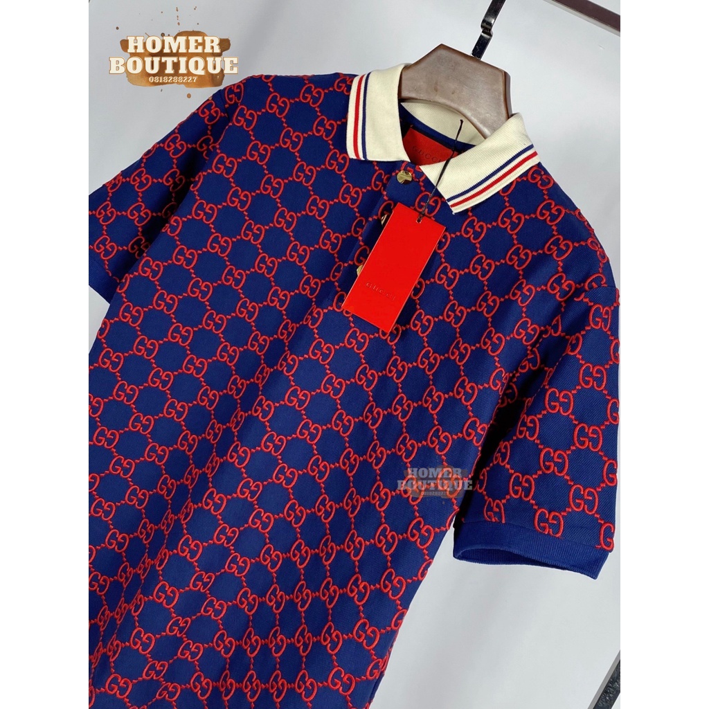 Áo Polo Chất Cotton Vân Thêu Rõ Ràng Gucci GG Stretch Cotton Polo Shirts/Blue Red