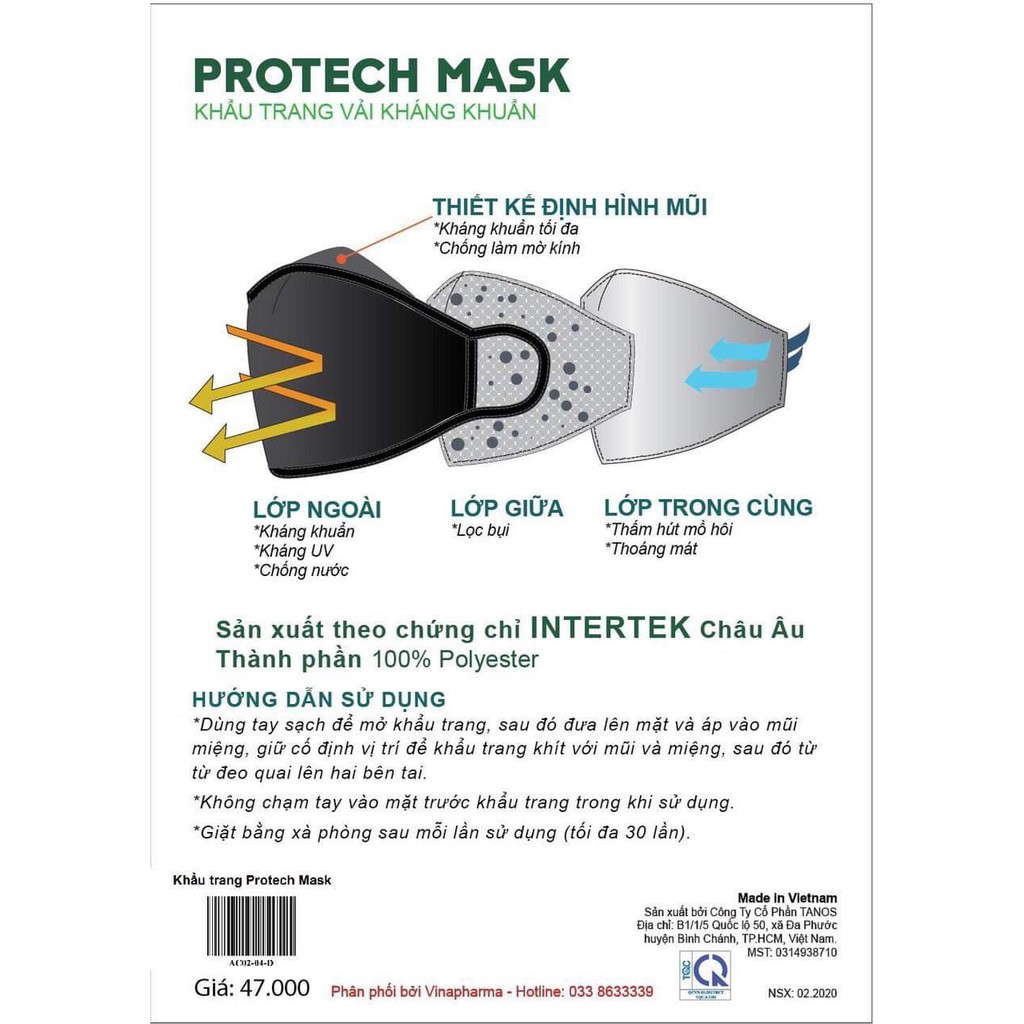 Khẩu trang kháng khuẩn 3 lớp PROTECH MASK - Ngăn chặn Virut vi khuẩn tối ưu tiêu chuẩn Intertex Châu Âu