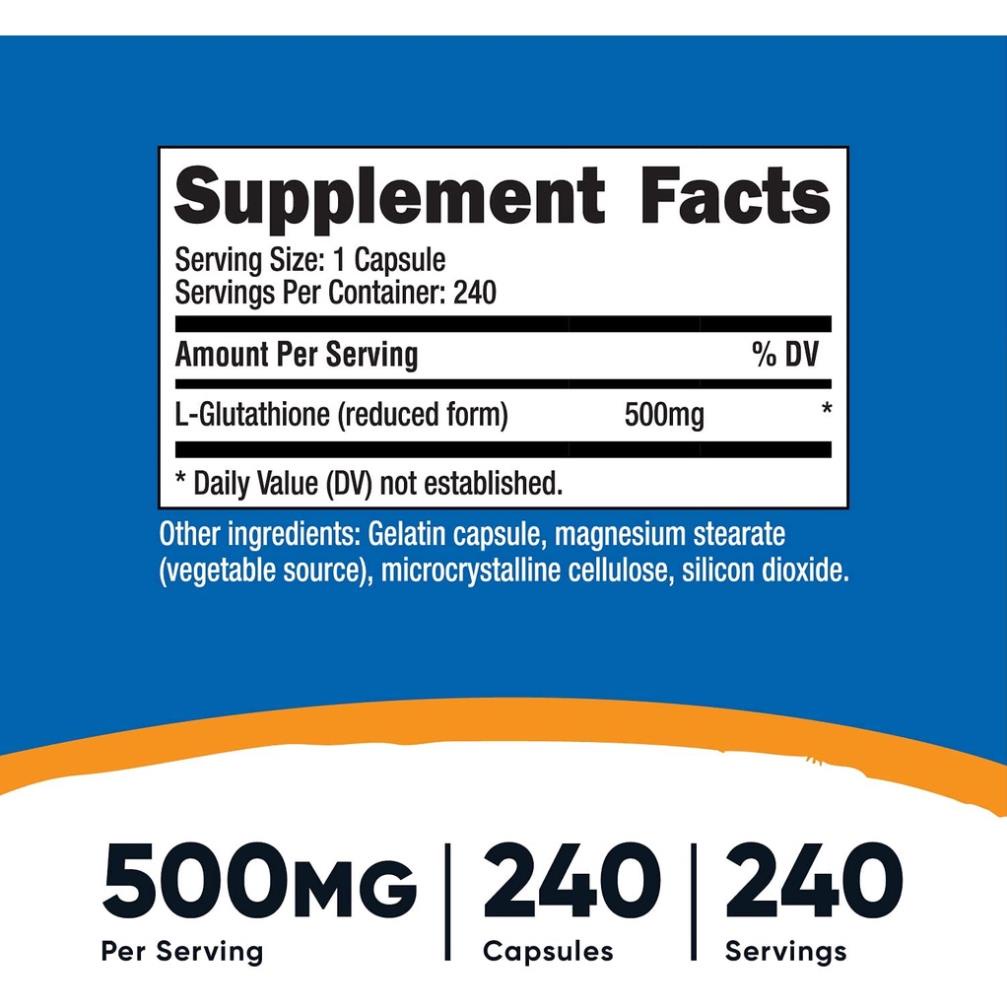 Nutricost Glutathione 500mg Thực Phẩm Bổ Sung Chống Lão Hóa, Giúp Trắng Da Cải Thiện Độ Đàn Hồi Cho Da