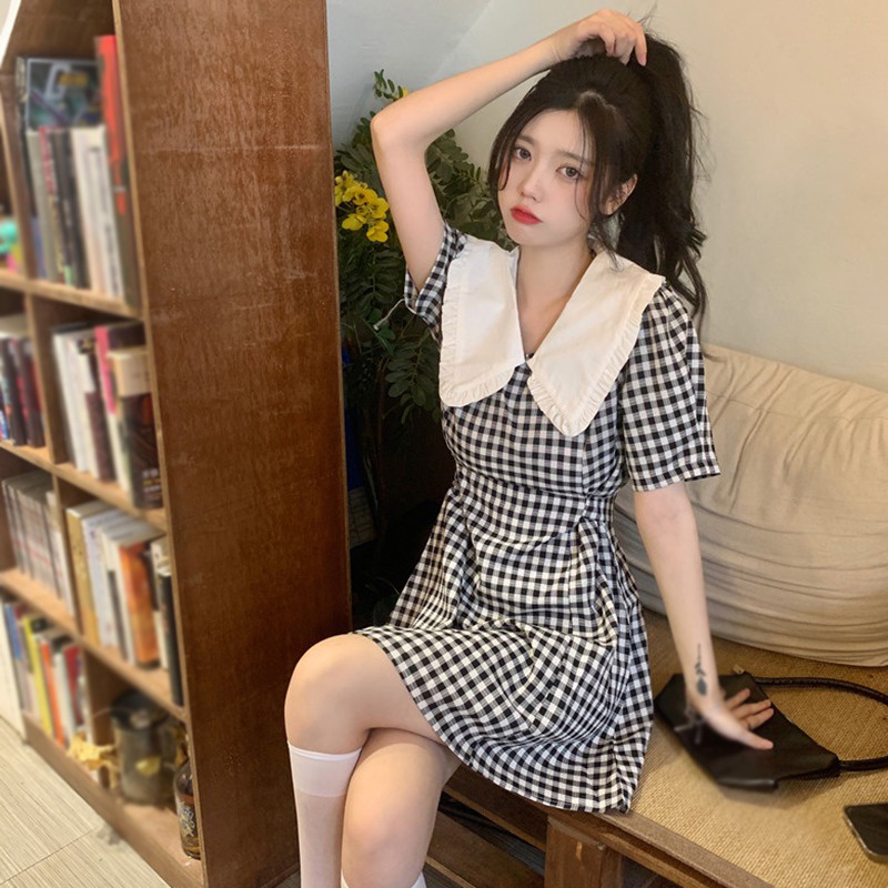 Đầm Tay Ngắn Cổ Búp Bê Họa Tiết Sọc Caro Phong Cách Hàn Quốc Thời Trang Mùa Hè Xinh Xắn