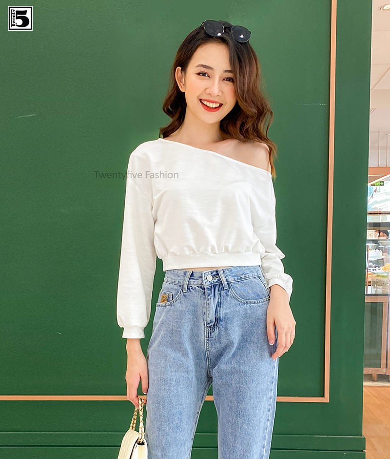 Áo kiểu nữ lệch vai, bo gấu áo, tay áo Twentyfive T462