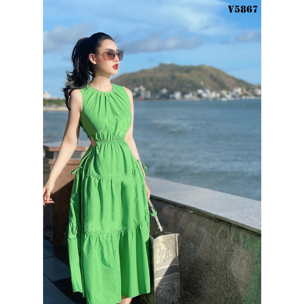 Đầm lụa maxi cổ lọ nhún bèo xếp tầng màu sắc xanh tươi trẻ đi chơi, đi biển.