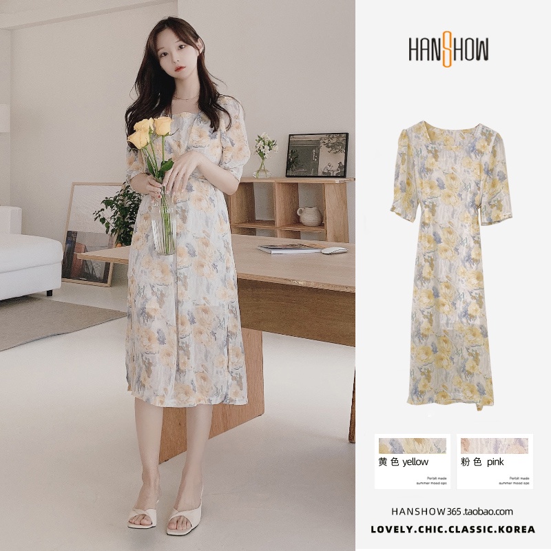 Đầm Midi Vải Voan Cổ Vuông Xẻ Tà In Hoa Kiểu Pháp Thời Trang Mùa Hè Cho Nữ