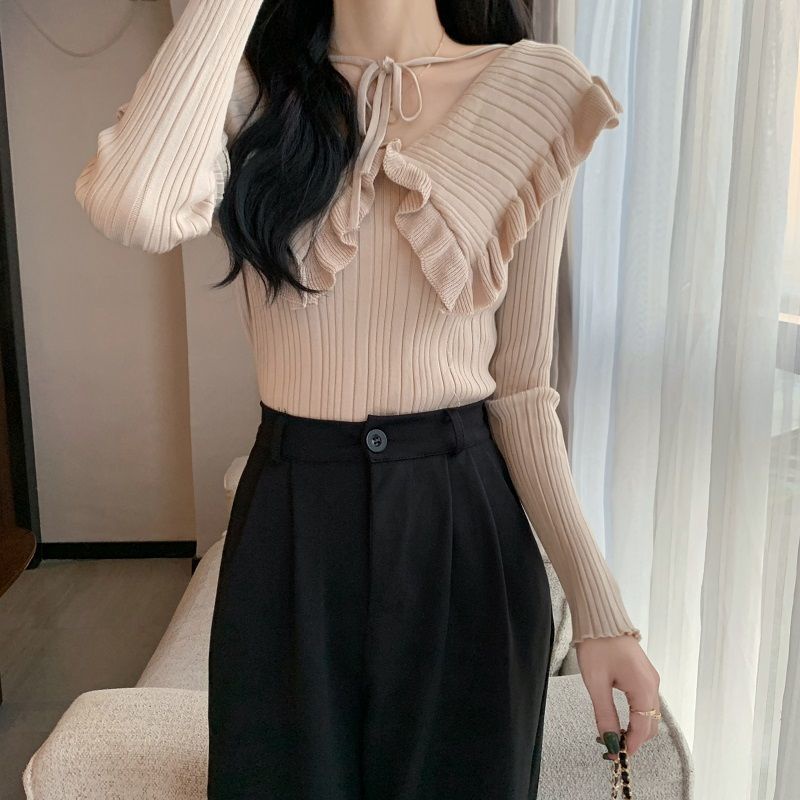Áo sweater Pure Cube tay dài cổ chữ V thiết kế thắt dây mỏng thời trang thu đông mới cho nữ