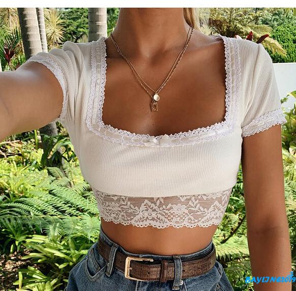 Áo Lửng Ngắn Tay Phối Ren Quyến Rũ Dành Cho Nữ