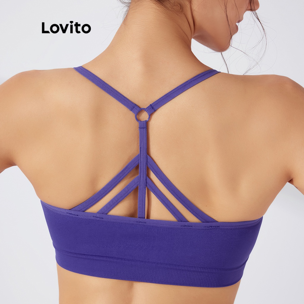 Áo ngực thể thao Lovito màu trơn dây đai chéo dạng ngắn có miếng lót tháo gỡ được L23AD005 (màu xanh lam)