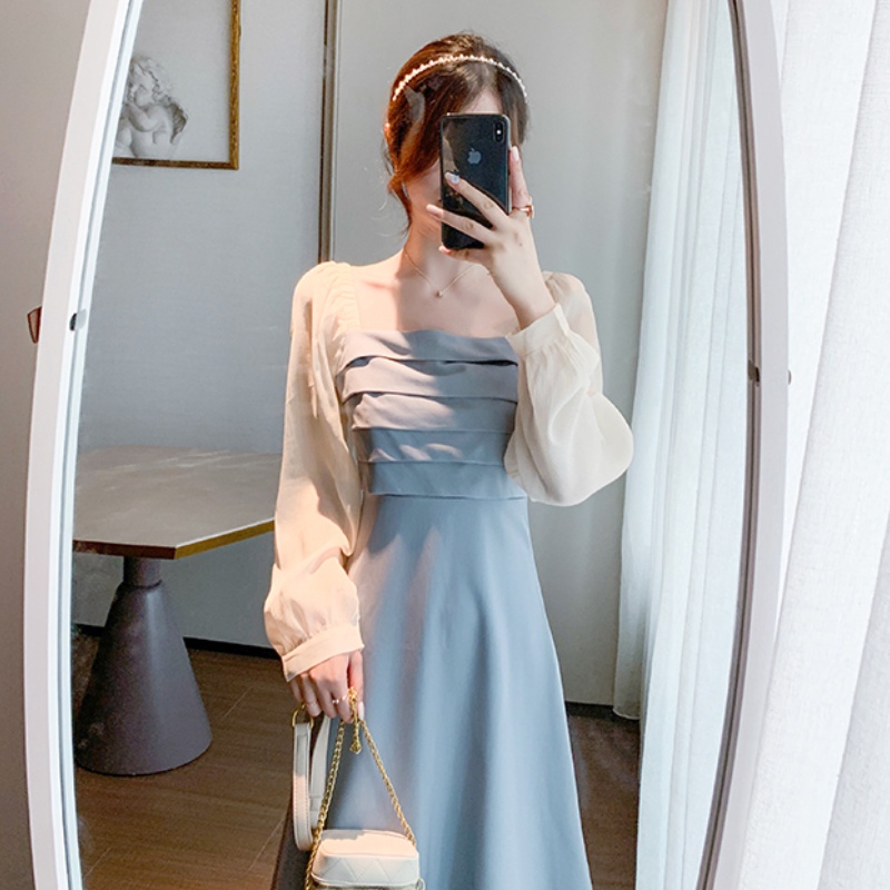 Đầm chiết eo Perty màu xanh lam phong cách Hàn Quốc thời trang mùa hè cho nữ