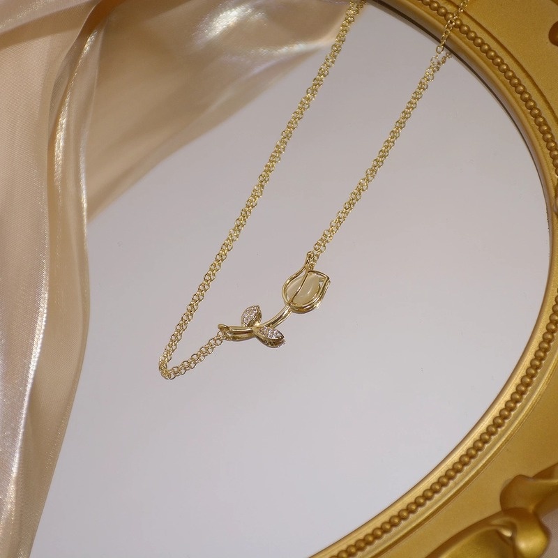 Vòng cổ Mặt Hoa Tulip Đính Đá Opal / Kim Cương Giả Thời Trang Hàn Quốc Cho Nữ
