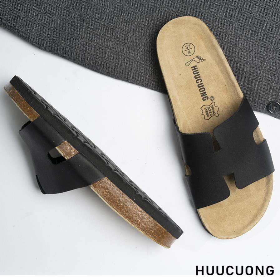 Dép unisex HUUCUONG Chữ H Quai Da Thật Màu Đen Đế Trấu