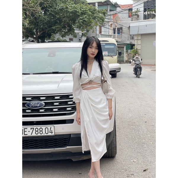 Váy nữ đẹp, đầm nữ dáng dài sexy hơ eo màu trơn kiểu tiểu thư bánh bèo Hàn Quốc màu trắng JUMIO