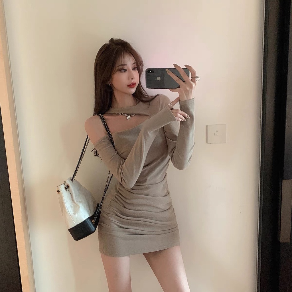 Đầm Váy Nữ Dài Tay Body Khoét Vai Rút Hông Sexy