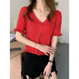Áo len mỏng cổ V hoạ tiết trám